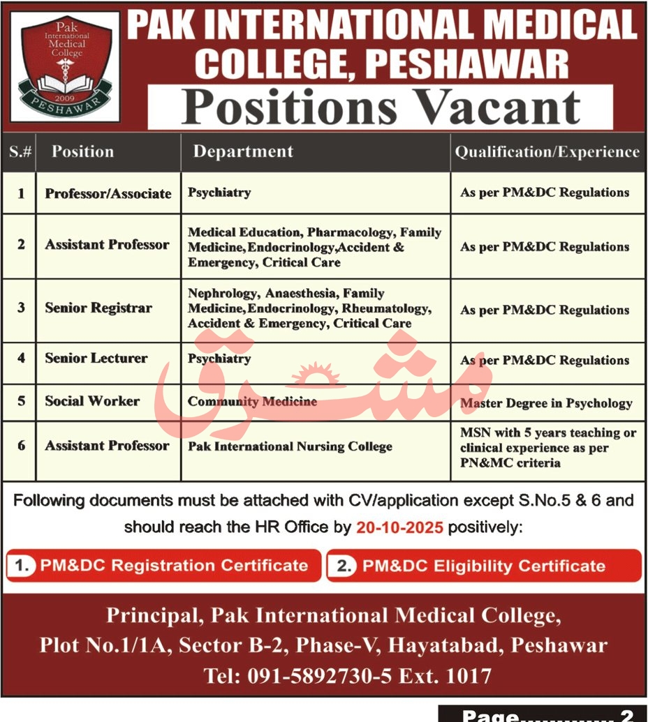Jobs in Pak International Medical College Peshawar